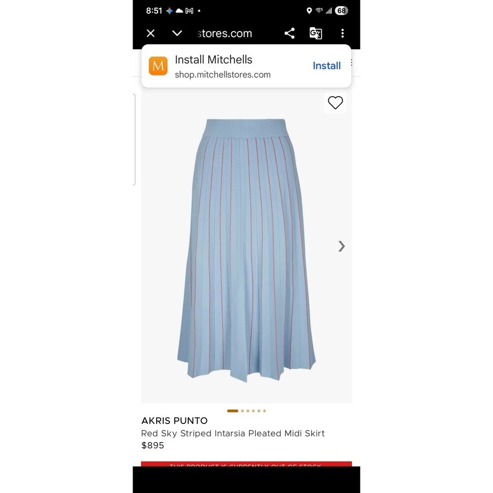 ARKIS Punto Red Sky Stiped Intarsia Pleated knit midi skirt EUC retails $895 Med